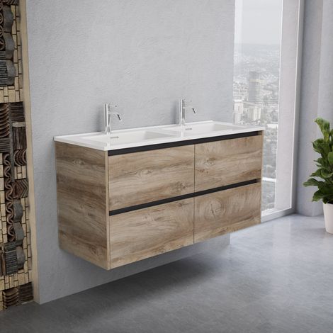 Inda - Badezimmerschrank 4 Schubladen B.120 mit Doppelwaschbecken Hochglanz/Natur-Eiche - Smeraldo (1/5)