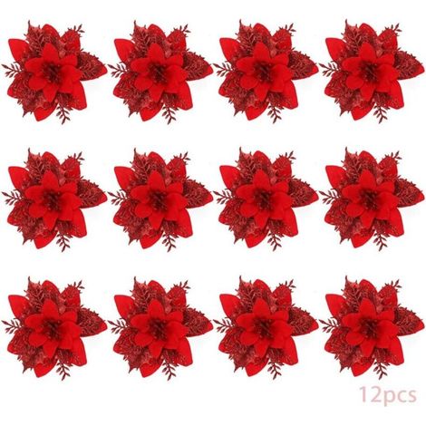 Weihnachtsblumen, 12 Glitzer-Weihnachtsblumen, Hohlglitzer-Weihnachtsblumen, künstliche Weihnachtssternblumen, Weihnachtsschmuck, Dekoration, Weihnachten (Rot-B)