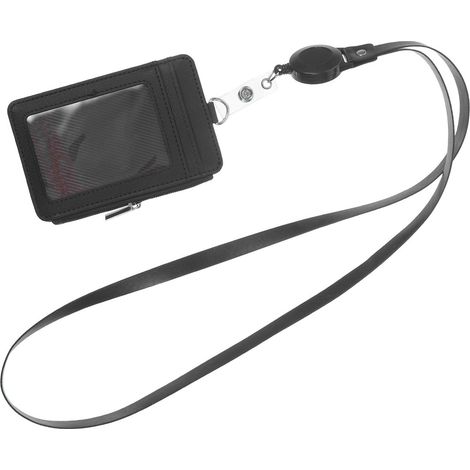 Portatarjetas retráctil con cordón, piel sintética negra, clip giratorio de 360°. (1/5)