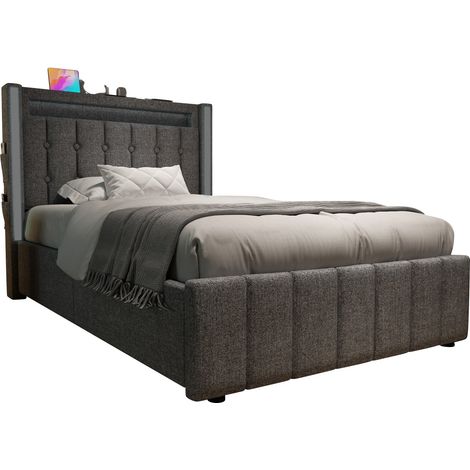 Lit avec rangement en lin gris 90x200 cm, LED et ports USB/Type C, sommier à lattes bois, 2 tiroirs (1/5)
