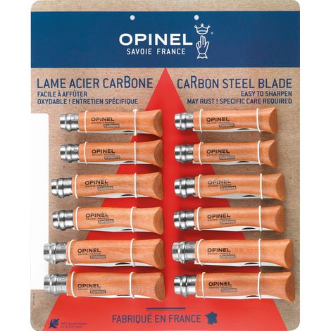 Tableau de 12 couteaux de poche fermants – Lame en acier au carbone – Manche en hêtre vernis – Système de sécurité Virobloc – Opinel (1/2)