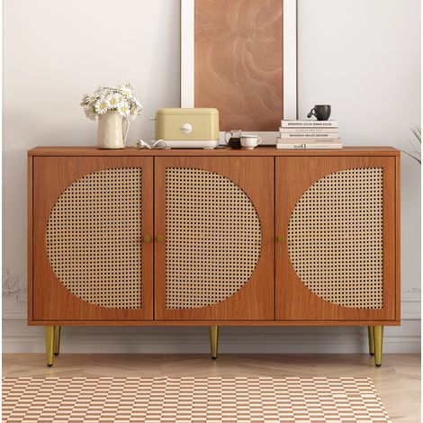 Sideboard aus Spanplatte in Walnuss mit 3 Türen in Rattan-Optik, verstellbare Einlegeböden, 129,8 x 40 x 76 cm (1/5)