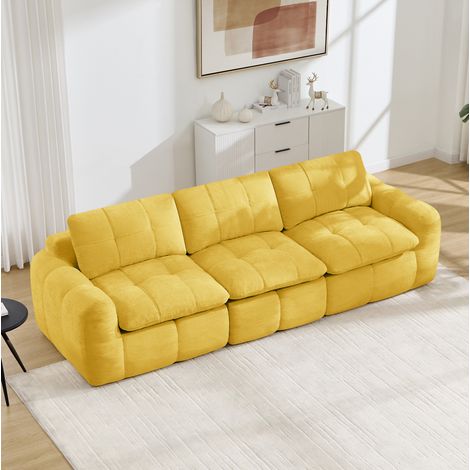 Divano modulare a 3 posti in tessuto ciniglia, imbottitura in schiuma ad alta densità 32D, seduta confortevole da 54 cm, design trapuntato, non richiede montaggio, colore giallo (1/5)