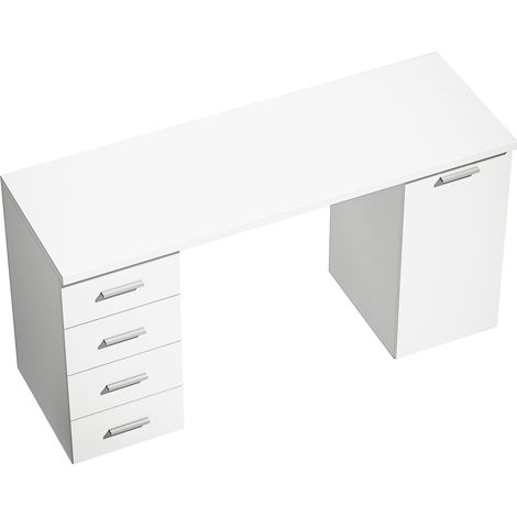 Computer Desk with 4 Drawers and Cabinet, 140 cm, White Wood