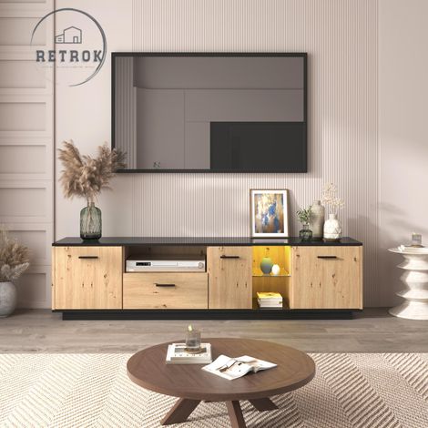 Meuble TV / Banc TV 180cm - 3 Portes 1 tiroir 2 compartiments ouverts - avec LED 15 couleurs - étagère en verre - Couleur naturelle/noir (1/5)