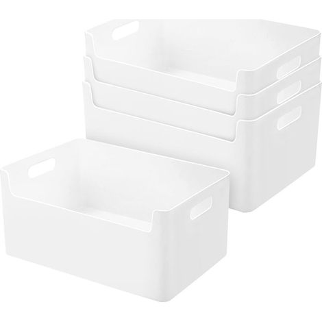 Set of 4 plastic storage boxes for kitchen and bathroom, 25 cm, with practical storage space at the front bottom, white storage boxes, shelves, cabinets, storage boxes (1/5)