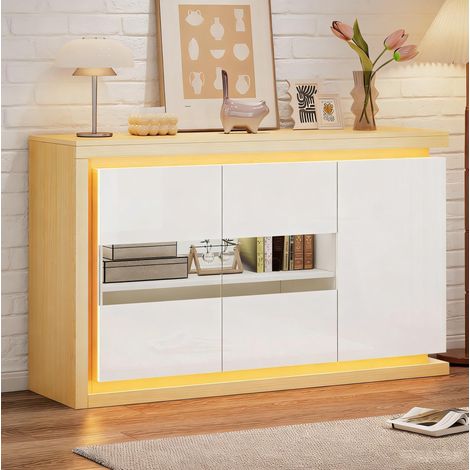 Aparador 140x40x84 cm blanco y madera en tablero de partículas con LED, puertas de vidrio templado y estantes ajustables (1/5)