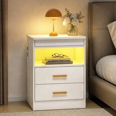 Table de chevet ou d'appoint blanche, finition brillante, équipée d'une fonction de charge et d'un éclairage LED RVB. (1/5)