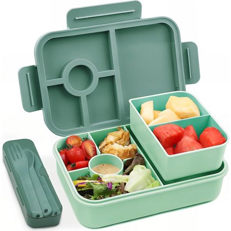 Brotdose Lunchbox Bento 1300ml 5Fächer Auslaufsicher Kinder Dunkelgrün (1/5)