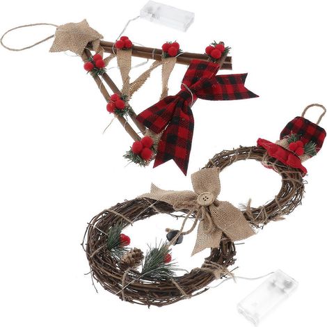 Guirlande de Noël en bois avec LED, cercle de fleurs, couronne de porte (2 pièces) à suspendre (1/5)
