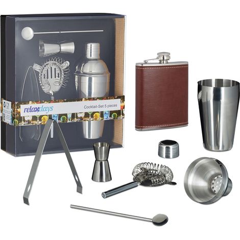 6 tlg Bar-Set, aus Edelstahl, Flachmann 200 ml, Shaker, Barsieb, Messbecher, Cocktaillöffel, Eiswürfelzange, Cocktailset (1/5)