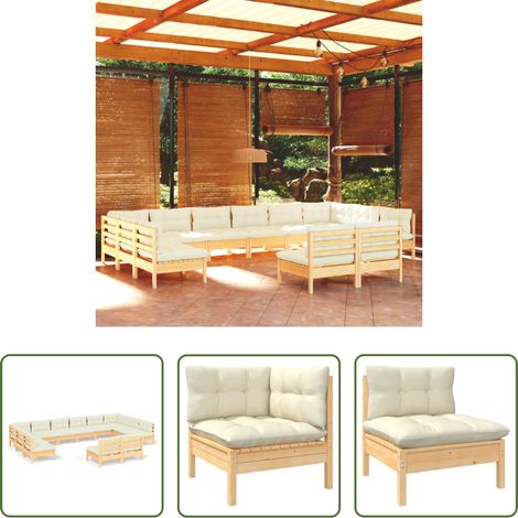 Terrassensofa - 12-tlg. Garten-Lounge-Set mit Creme Kissen Massivholz Kiefer (1/5)