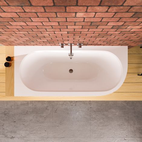ECOLAM Badewanne 150 x 75 cm LINKS Avita Eckbadewanne raumsparende Wanne Ablauf in der Mitte Acrylwanne Ablaufgarnitur Füße Silikon