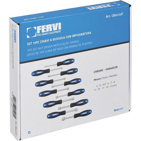 Serie 11 chiavi cacciavite a bussola 4 - 13 mm con impugnatura Fervi cb01/11p (1/2)