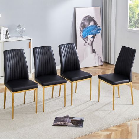 Lot de 4 chaises de salle à manger, assise ergonomique, pieds métalliques dorés, revêtement en similicuir PU noir (1/5)