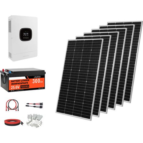 Mophorn Kit solaire autonome 1200 W 24 V avec 6 panneaux solaires monocristallins de 200 W, batterie LiFePO₄ 25,6 V 300 Ah, onduleur hybride 24 V 3600 W, idéal pour maison, hangar ou ferme (1/5)