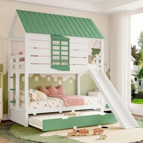 Lit cabane enfant - KOMHTOM - 90 x 200 cm - avec toboggan et lit gigogne - sommier inclus - Blanc/Vert (1/5)