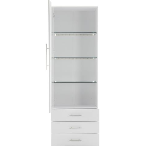 Weiße Hochglanz-Vitrine 60x35x180 cm mit LED, 3 Schubladen, MDF und Acrylglas (1/5)