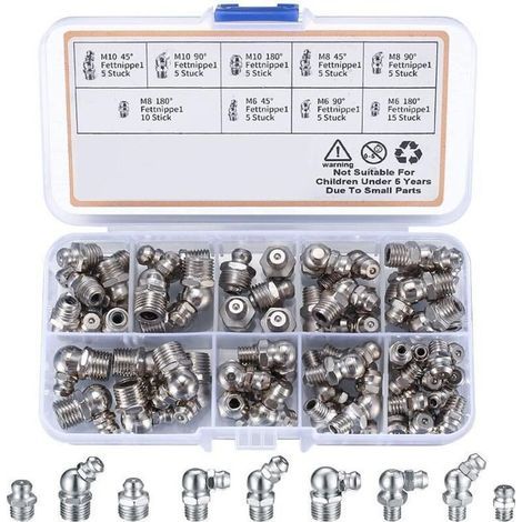 Kit de 60 graisseurs à visser M6 M8 M10 – Angles 45° 90° 180° – Fer nickelé résistant à la corrosion – Pour machines industrielles (1/5)