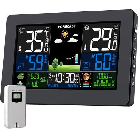 Station Météo Avec Capteur Extérieur, DCF Écran LCD Sans Fil Coloré Météorologique Numérique Baromètre Phase de Lune Alarme Réveil Météo Prévision Rétroéclairage Réglable