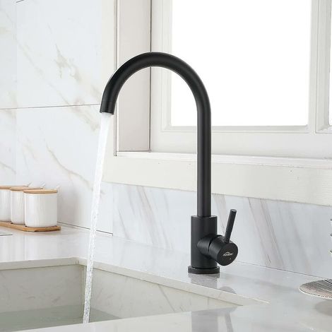 Robinet de cuisine Auralum noir, bec haut pivotant à 360°, eau chaude et froide, en acier inoxydable.