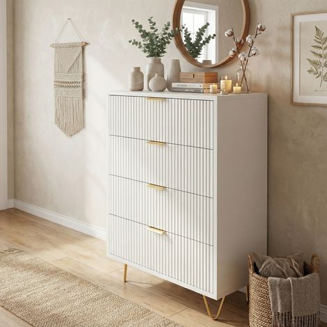Cassettiera bianca 60 cm, 4 cassetti, cassettiera camera letto, mobile contenitore con frontali testurizzati e piedini dorati, per ingresso e soggiorno, stile moderno(60×34×91cm, Bianco) (1/5)