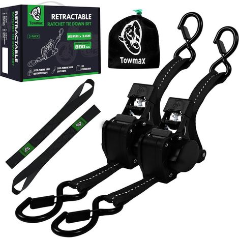 Kit de sangle de serrage automatique 3,6m x 25mm avec crochet en S, 2 pièces, Noir