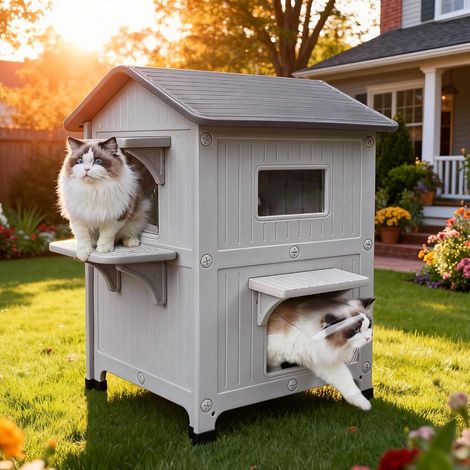 Maison Chat Extérieure 2 Étages, Niche Chat Extérieur Porte Échappement Double paroi isolée pour toute saison, toit amovible facile à nettoyer, matière HDPE étanche empilable pour plusieurs chats (1/5)