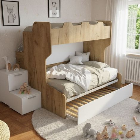 Letto a castello con gradini a cassetti e passerella - Una piazza e mezza e singola - Quercia e Bianco