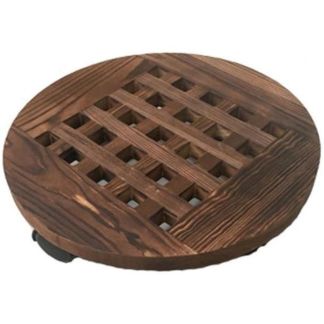 Vassoio rotondo in legno carbonizzato per vasi da fiori, diametro 40 cm, supporto mobile per fiori con base su ruote, 2 pezzi (1/5)
