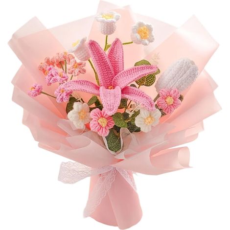 Bouquet realizzati a mano all'uncinetto, con fiori artificiali intrecciati e rifiniti, ideali per decorare la casa, come regali, per compleanni, matrimoni e composizioni floreali uniche. (1/3)
