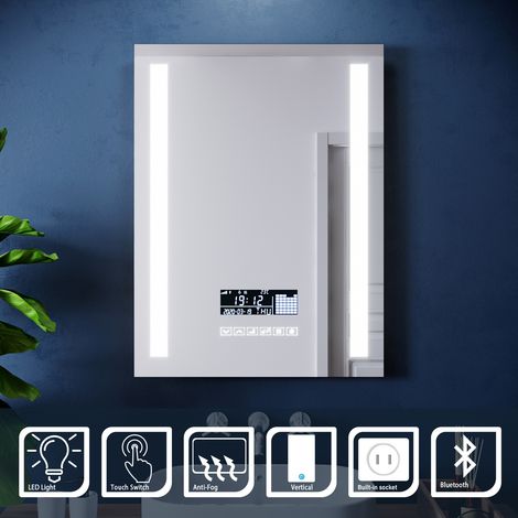 ELEGANT 600x800mm Illuminated LED Light Bathroom Mirror Touch control Anti-Fog Clock Function Bluetooth Audio Shaver Socket (1/5)