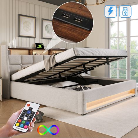 Cama tapizada 160x200 cm de lino beige con USB y LED, para dormitorio juvenil, sin colchón – MEUBLIV (1/5)