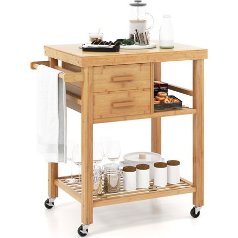 COSTWAY Rolling Bamboo Kitchen Island Cart Kitchen Trolley Cart w/ Drawers & Shelves