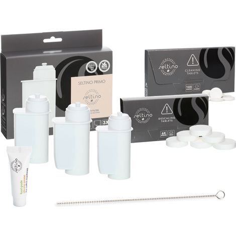 Kit Seltino pour machines à café Bosch, Siemens, Neff, Gaggenau : 3 filtres Seltino Primo, pastilles de nettoyage, pastilles de détartrage, graisse, brosse