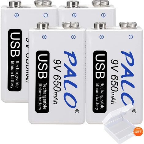 Batería recargable, 9V Li-ion, carga USB, 4 baterías, 9v-b (1/2)