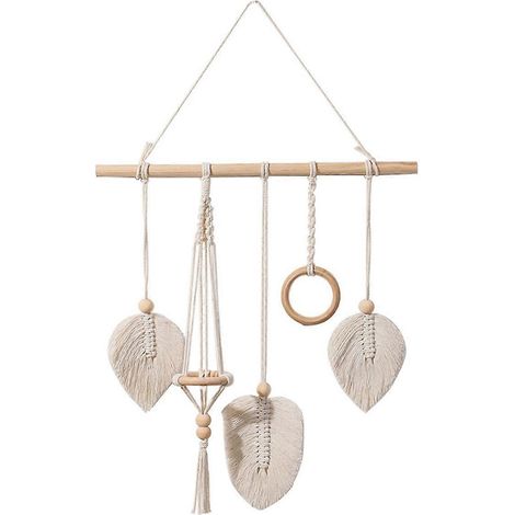 Handgefertigter, gewebter Wandteppich im Bohème-Stil mit Quasten, Blättern und Federn, Makramee-Design, inklusive Halter für Luftpflanzen und Holzring, Wanddekoration für Wohnung, Schlafzimmer und Woh