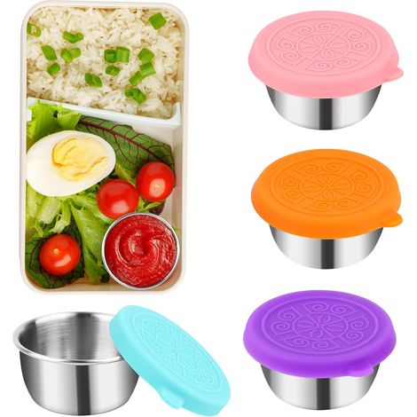 Lot de 4 récipients à sauce en acier inoxydable avec couvercle en silicone, petit récipient de 50 ml pour salades et condiments. (1/5)