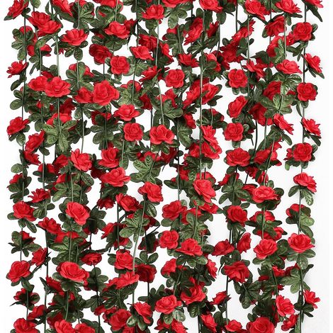 Guirlande de 9 roses artificielles de 22 m (72 pi) en nuances de rouge, pour décoration intérieure et extérieure.