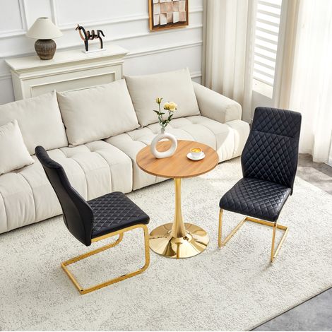 Conjunto mesa redonda 60 cm MDF y 2 sillas PU negras y doradas DESVIAE (1/5)