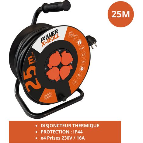 Enrouleur électrique 25m H07VV-F 3G1,5mm² - 4 prises 16A/230V - Disjoncteur intégré