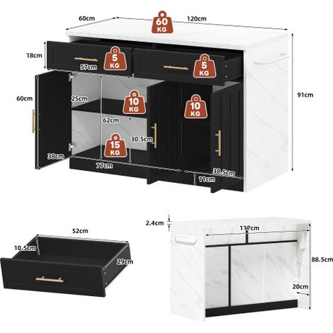Îlot de cuisine : Équipé de prises électriques, de ports USB, d'étagères réglables, de poignées métalliques, d'un porte-serviettes et d'un espace repas de style bar convient aux appartements, aux cui (1/4)