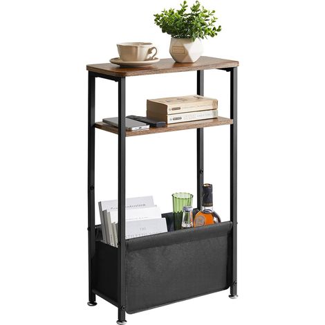 Table d’Appoint étroite avec Rangement, Bout de Canapé fine à 3 Niveaux pour Petits Espaces, 40 x 20 x 66 cm, Table de Chevet avec Panier en Tissu pour Chambre, Salon, Marron Rustique (1/5)