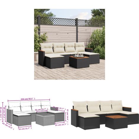 7-tlg. Garten-Sofagarnitur mit Kissen Schwarz Poly Rattan - Gartenmöbel Set - PE-Rattan Möbel - Outdoor Sofa - Esstisch - Lounge Set - Home & Living (1/3)