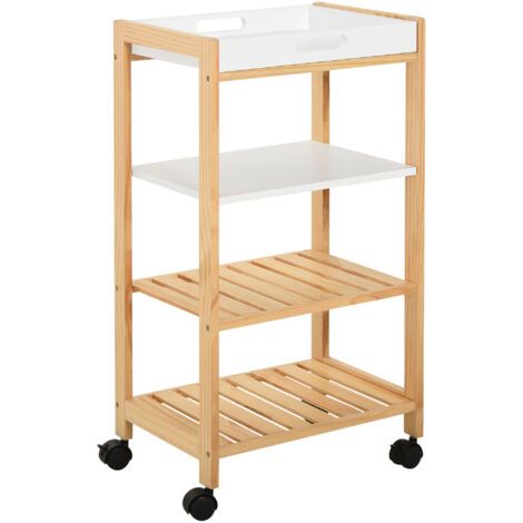 BUNTHAUS Chariot de service desserte de cuisine à roulettes 3 étagères + plateau amovible bois de pin MDF blanc