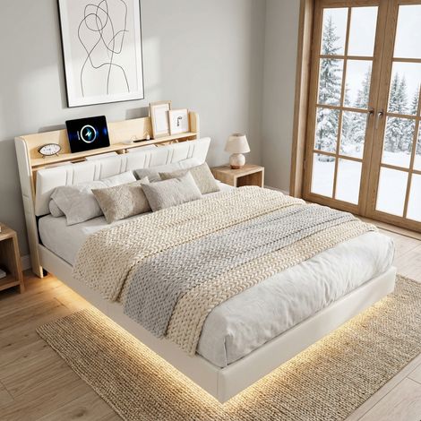 Letto matrimoniale 140x190 cm per adulti, illuminazione LED e design sospeso, testiera con contenitore e porte USB/Type-C, stile scandinavo, Bianco