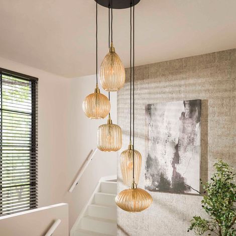 M&S – Suspension 5 lampes en verre ambré et métal – Dimensions 40x40x180 cm – Abat-jours réglables en hauteur – Éclairage chaleureux