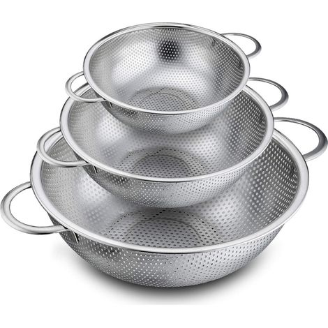 Juego de 3 coladores de acero inoxidable microperforados (16/22/28 cm), con asas, aptos para lavavajillas, para pasta/verduras. (1/5)