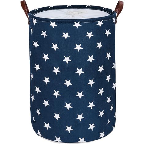 Panier à linge rond pliable de 50 cm (20 pouces) en coton épais avec revêtement PE et cordon de serrage, motif étoile bleue, grand format, idéal pour la maison. (1/5)