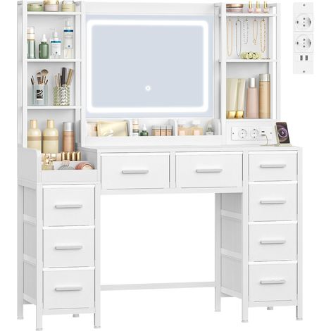 120 cm Coiffeuse avec Miroir, Table de Maquillage avec avec Éclairage LED, Luminosité Réglable, 3 Couleurs, Prises de Courant, 9 Tiroirs et Étagères Ouvertes, Blanc (1/5)
